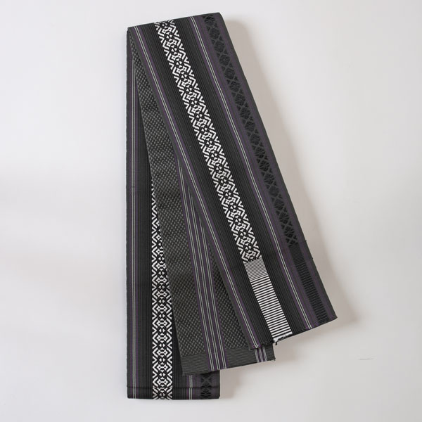 【日本製】角帯　正絹博多本筑　リバーシブル　縞　黒