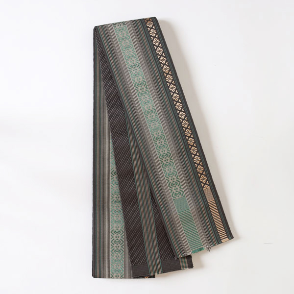 【日本製】角帯　正絹博多本筑　リバーシブル　縞　黒/緑